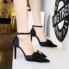 BIGTREE SHOES 9863-H33 European and American Style High Heels Women's Shoes Shallow Mouth Pointed Hollow Satin Bow Strap High Heel Sandals