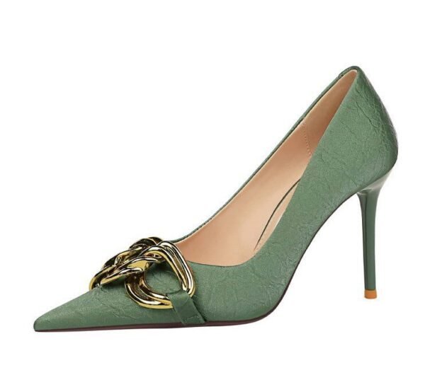7239-1 European And American Fashion Slim Thin-heeled Super High-heeled Women's Shoes Shallow Pointed Big Metal Buckle Shoes