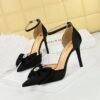 BIGTREE SHOES 9863-H33 European and American Style High Heels Women's Shoes Shallow Mouth Pointed Hollow Satin Bow Strap High Heel Sandals