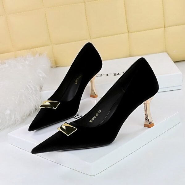 db553a972f661001184b1ac5a66716b5 BIG TREE SHOES 1818-K81 European and American Style Banquet High Heel Metal Heel Shallow Mouth Pointed Toe Metal Buckle Decoration Xi Shi Women's Suede Shoes