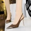 BIGTREE SHOES 373-19 European and American Style High Heels Women's Shoes High Heel Stiletto Low Mouth Metal Pointed Toe Slingback Hollow out Back Strap Pumps