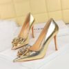 BIGTREE SHOES 3391-H56 Retro European American Style Banquet Women's Shoes Super High Heel Stiletto Shallow Mouth Pointed Toe Flower Shoes Women's High Heels