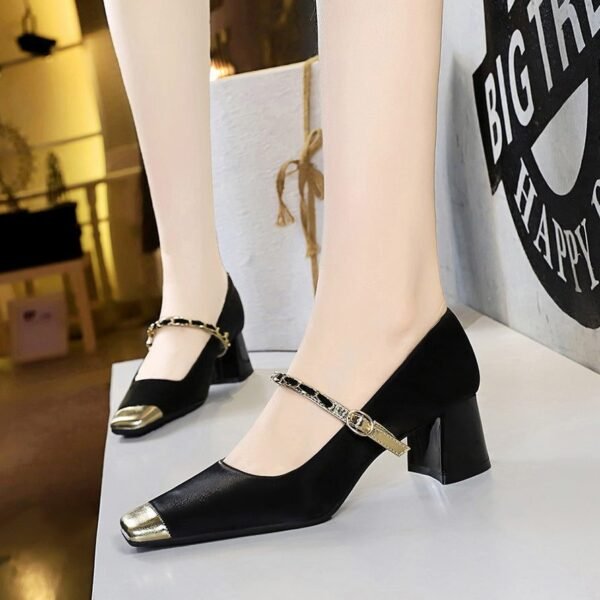 BIGTREE SHOES 5288-7 French Mary Jane Women's Classy Shoes Mid Heel Chunky Heel Low-Cut Color Matching Square Head Metal Chain Ankle-Strap Shoes