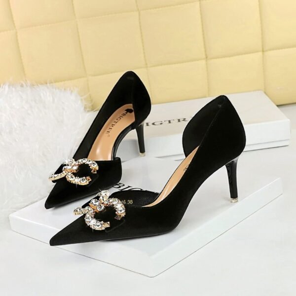 dcf230ebedbbd796dc3d247a5db67a65 BIGTREE SHOES 1363-Ak77 Banquet High Heels Women's Shoes Suede Shallow Mouth Pointed Toe Side Hollow Rhinestone Pearl Bow Pumps