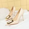 3391-26 Korean Style Fashionable Elegant Pedicure Slimming Stiletto Heel Shallow Mouth Pointed Toe Metal Buckle Pumps Women's High Heel