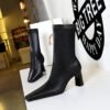 BIGTREE SHOES 375-5 Retro European American Style Simple and Thin Women's Short Boots Skinny Boots Chunky Heel High Heel Square Head Winter Boots