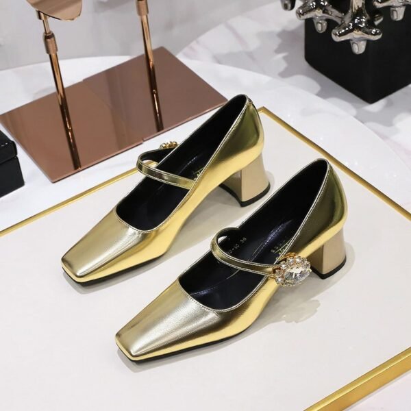BIGTREE SHOES 5288-K86 Retro European American Style Banquet Women's Shoes Mid Heel Chunky Heel Low-Cut Square Head Rhinestone Buckle Ankle-Strap Shoes Female