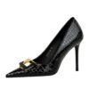 BIGTREE SHOES 3391-k56 High Heels Women's Shoes Stiletto Heel Shallow Mouth Pointed Snakeskin Patent Leather Metal Buckle Decoration Pumps Women