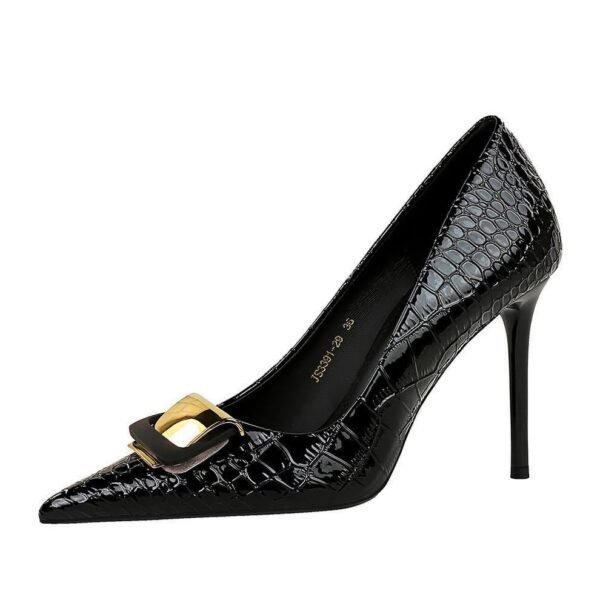 BIGTREE SHOES 3391-k56 High Heels Women's Shoes Stiletto Heel Shallow Mouth Pointed Snakeskin Patent Leather Metal Buckle Decoration Pumps Women