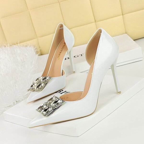 e0f82bfb82ae1e0a2453dd4fe107aa95 BIGTREE SHOES 638-K58 High Heel Stiletto Patent Leather Shallow Pointed Toe Square Rhinestone Buckle Single Shoes for Women