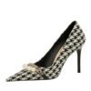 9283-1 European and American style houndstooth high-heeled high-heeled shallow-pointed pearl chain plaid women's shoes