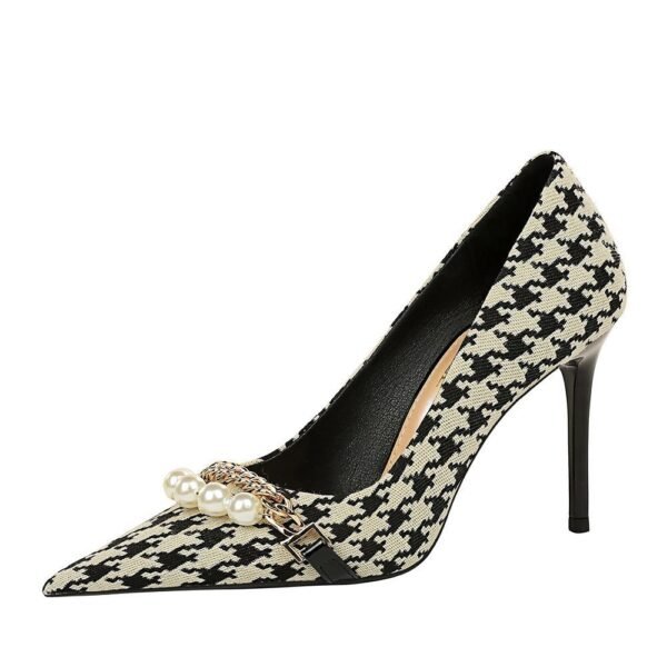 9283-1 European and American style houndstooth high-heeled high-heeled shallow-pointed pearl chain plaid women's shoes