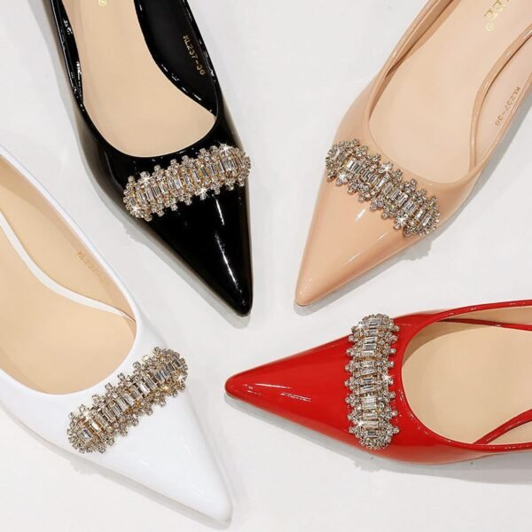BIGTREE SHOES 237-K31 European and American Style Banquet Women's Shoes Stiletto Mid-Heel Patent Leather Low-Cut Pointed Toe Rhinestone Metal Decoration Pumps Female