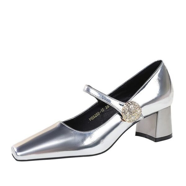 BIGTREE SHOES 5288-k89 European and American Style Banquet Women's Shoes Metal Rhinestone Buckle One-Strap Mid-Chunky Heel Low-Cut Square Heel Women's Shoes
