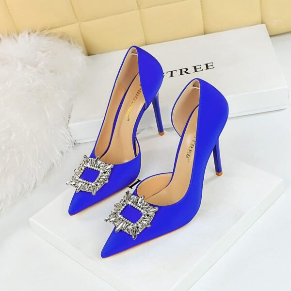 BIG TREE Shoes 626-K3 European and American Style Thinner Super High Heel Women's Shoes Stiletto Low-Cut Pointed-Toe Metal Rhinestone Buckle Side Empty Shoes