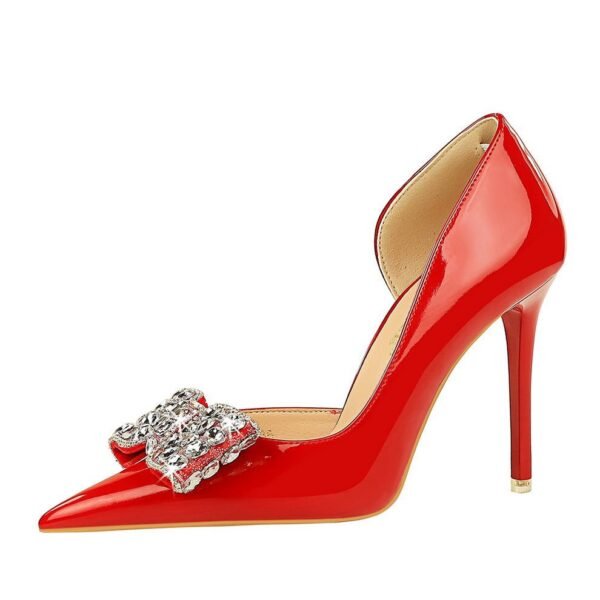 BIG TREE SHOES 638-H20 Korean Style Banquet High Heels Stiletto Low-Cut Pointed Side Hollow Patent Leather Rhinestone Bow Pumps Women