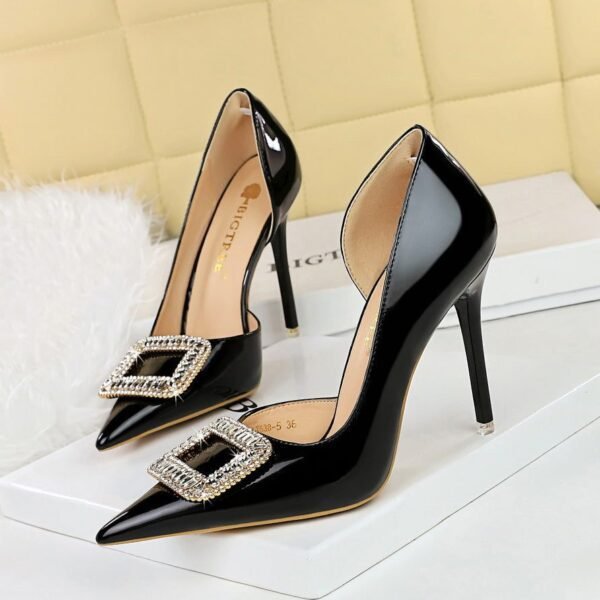 BIGTREE SHOES 638-K32 European and American Banquet High Heels Patent Leather Stilettos Shallow Mouth Pointed Toe Side Hollow out Rhinestone Buckle Super High Heel Shoes