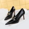 BIG TREE SHOES 837-2 Retro Europe and America Women's Shoes Stiletto Heel High-Cut Shoes Pointed Toe Metal Buckle Decorative Deep Mouth Pumps High Heels