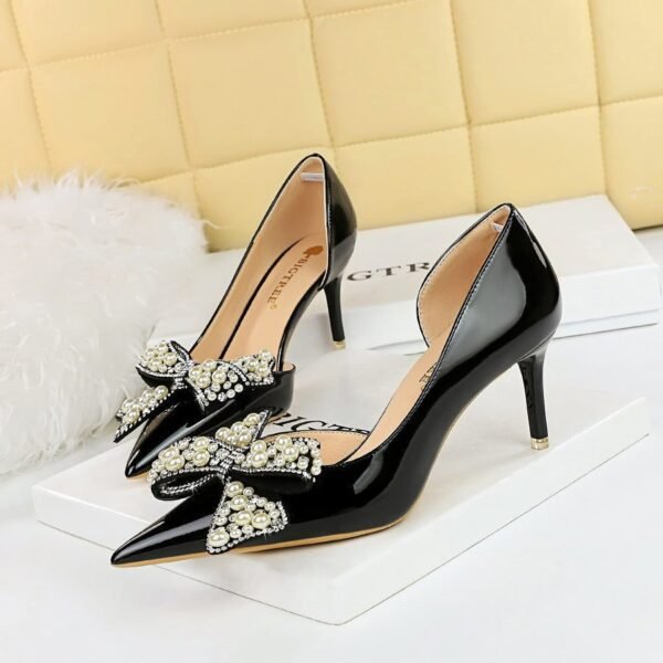 Big Tree Shoes 638-AH6 European and American Banquet Women's Shoes High Heel Stiletto Shallow Mouth Pointed Pearl Rhinestone Bow Pumps High Heels