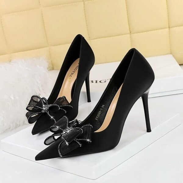 BIGTREE SHOES 3265-H38 European and American Banquet Light Luxury High Heels Women's Shoes Stiletto Low-Cut Pointed Mesh Lace Bow Pumps