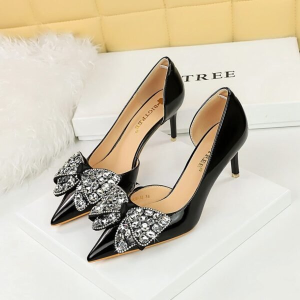 BIG TREE SHOES 638-Ah21 Korean Style Banquet Women's Shoes High Heel Stiletto Low Mouth Pointed Side Hollow Patent Leather Rhinestone Bow Pumps