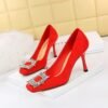 BIG TREE SHOES 7792-1 K82 European and American Banquet High Heels Women's Shoes Super High Heel Low-Cut Square Toe Suede Metal Rhinestone Buckle Pumps