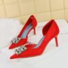 BIGTREE SHOES 6168-Ak58 Banquet Women's Shoes High Heel Hand Grip Wrinkle Surface Cloth Surface Shallow Mouth Pointed Side Hollow out Rhinestone Buckle Pumps