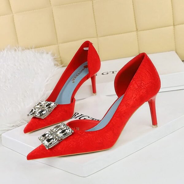 BIGTREE SHOES 6168-Ak58 Banquet Women's Shoes High Heel Hand Grip Wrinkle Surface Cloth Surface Shallow Mouth Pointed Side Hollow out Rhinestone Buckle Pumps