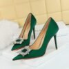 BIG TREE 3265-k3 Korean Style Fashion Banquet High Heel Stiletto Low Mouth Pointed-Toe Metal Rhinestone Buckle Women's Single-Layer Shoes Ultra High Heel