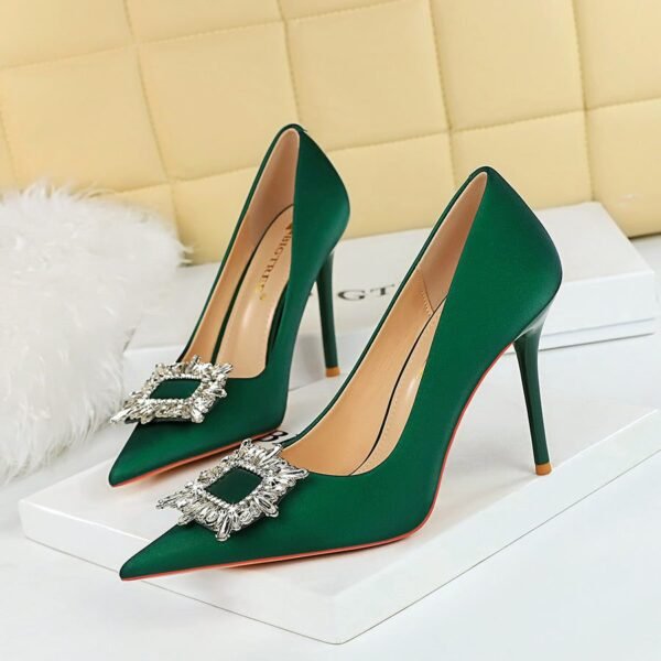 BIG TREE 3265-k3 Korean Style Fashion Banquet High Heel Stiletto Low Mouth Pointed-Toe Metal Rhinestone Buckle Women's Single-Layer Shoes Ultra High Heel
