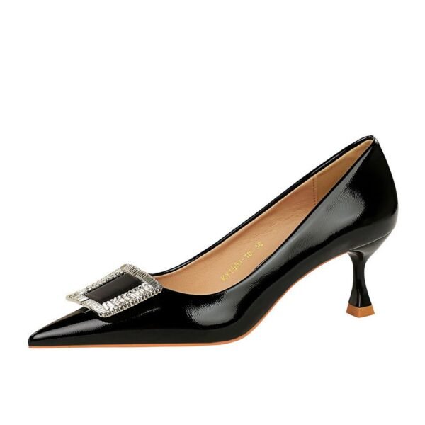 BIGTREE SHOES 1961-K71 European and American Style Fashion Banquet Spring and Autumn Women's Shoes Mid Heel Patent Leather Shallow Mouth Pointed-Toe Metal Rhinestone Buckle Pumps