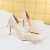 BIG TREE SHOES 1963-1 European and American Banquet Women's Shoes Skinny High Heels Low-Cut Pointed-Toe Stilettos High Heel Mesh Hollow-out Lace Shoes