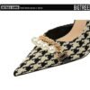 e613640ed9dfb45ede32487cc110b21a 8829-1 Korean version of high-heeled shoes with lattice pattern shallow mouth side hollow houndstooth pearl metal chain super high-heeled shoes