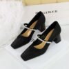 BIGTREE SHOES 5288-17 Retro Korean Type Women's Chunky Heel Mid Heel Shoes Low-Cut Square Toe Pearl Rhinestone Strap Mary Jane Shoes