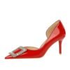 BIGTREE SHOES 638-Ak63 Banquet High Heels Women's Shoes Patent Leather Low-Cut Pointed Toe Side Hollow Square Metal Rhinestone Buckle Pumps Women