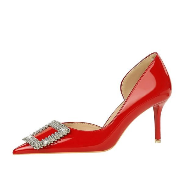 BIGTREE SHOES 638-Ak63 Banquet High Heels Women's Shoes Patent Leather Low-Cut Pointed Toe Side Hollow Square Metal Rhinestone Buckle Pumps Women