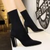 BIG TREE SHOES 3129-3 European and American fashion simple wood grain heel thick heel high heel pointed stretch Lycra slimming short boots