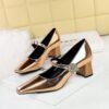 BIGTREE SHOES 5288-k89 European and American Style Banquet Women's Shoes Metal Rhinestone Buckle One-Strap Mid-Chunky Heel Low-Cut Square Heel Women's Shoes