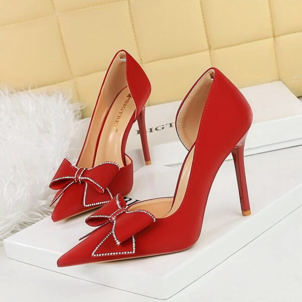 BIGTREE SHOES 626-H37 European and American Style Banquet High Heels Stiletto Low-Cut Pointed Toe Side Hollow Rhinestone Bow Pumps Women's Shoes