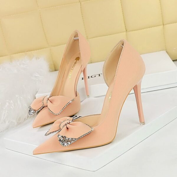 e81de1e588647da4c339dad4da0ea50e big tree shoes 1298-h31 Korean Fashion High Heels Stiletto Heel Shallow Mouth Pointed Toe Side Hollow Rhinestone Bow Pumps