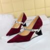 BIGTREE SHOES 2905-5 Heel Wedge Shoes Suede Shallow Mouth Pointed Toe Color Block Strap Single Shoes Women