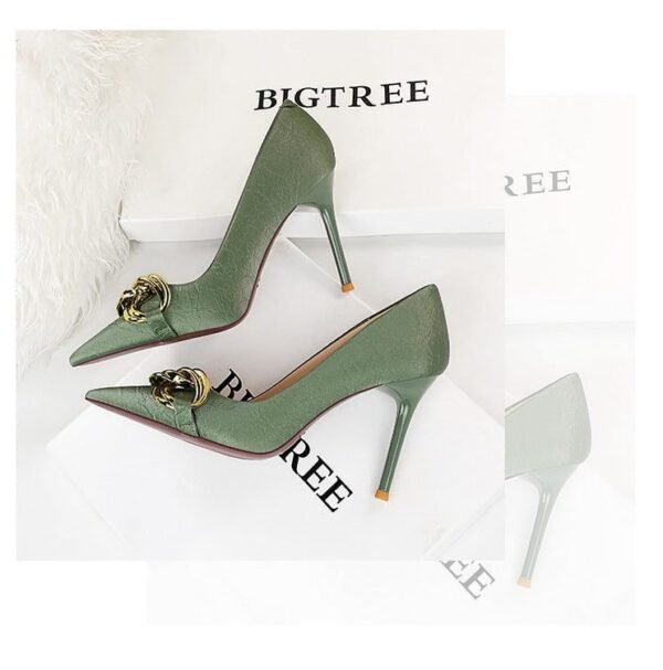 7239-1 European And American Fashion Slim Thin-heeled Super High-heeled Women's Shoes Shallow Pointed Big Metal Buckle Shoes