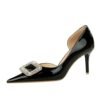 BIG TREE SHOES 638-Ak32 European and American Style Banquet Women's Shoes High Heel Shiny Patent Leather Shallow Mouth Pointed Side Hollow Rhinestone Buckle Pumps Women