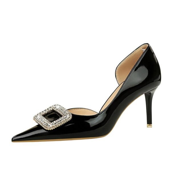 BIG TREE SHOES 638-Ak32 European and American Style Banquet Women's Shoes High Heel Shiny Patent Leather Shallow Mouth Pointed Side Hollow Rhinestone Buckle Pumps Women