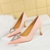BIGTREE SHOES 1818-K36 European and American Style Banquet High Heels Thickened Suede Shallow Mouth Pointed Triangle Metal Rhinestone Buckle Shoes
