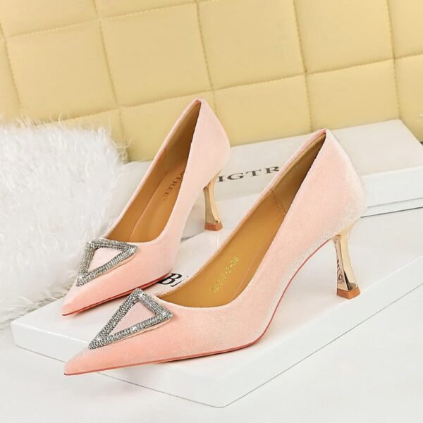 BIGTREE SHOES 1818-K36 European and American Style Banquet High Heels Thickened Suede Shallow Mouth Pointed Triangle Metal Rhinestone Buckle Shoes