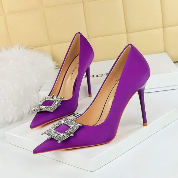 BIG TREE 3265-k3 Korean Style Fashion Banquet High Heel Stiletto Low Mouth Pointed-Toe Metal Rhinestone Buckle Women's Single-Layer Shoes Ultra High Heel