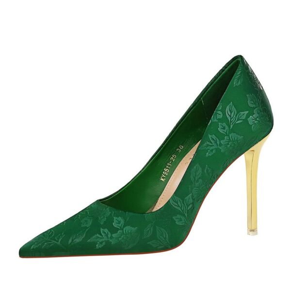 BIGTREE SHOES 9511-30 Vintage Women's Shoes Stiletto Heel Satin Shallow Mouth Pointed Flower Print National Style High Heels Pumps