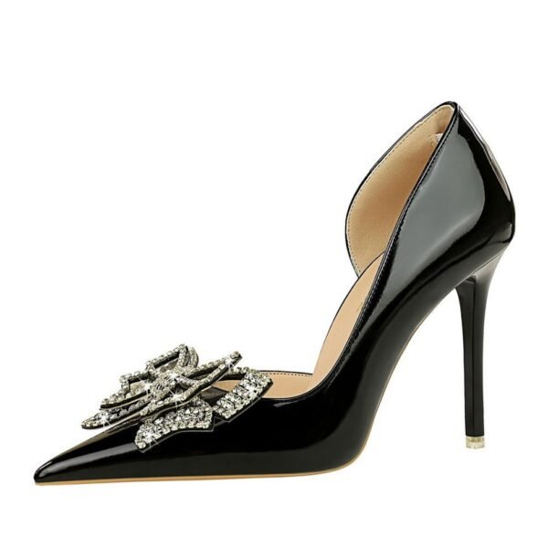 BIG TREE SHOES 638-H18 European and American Style Banquet High Heels Shallow Mouth Pointed Patent Leather Stilettos Super High Heel Rhinestone Bow Pumps