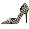 ec2b5280f7cc9443e39ffc063ad1a8b8 8829-1 Korean version of high-heeled shoes with lattice pattern shallow mouth side hollow houndstooth pearl metal chain super high-heeled shoes